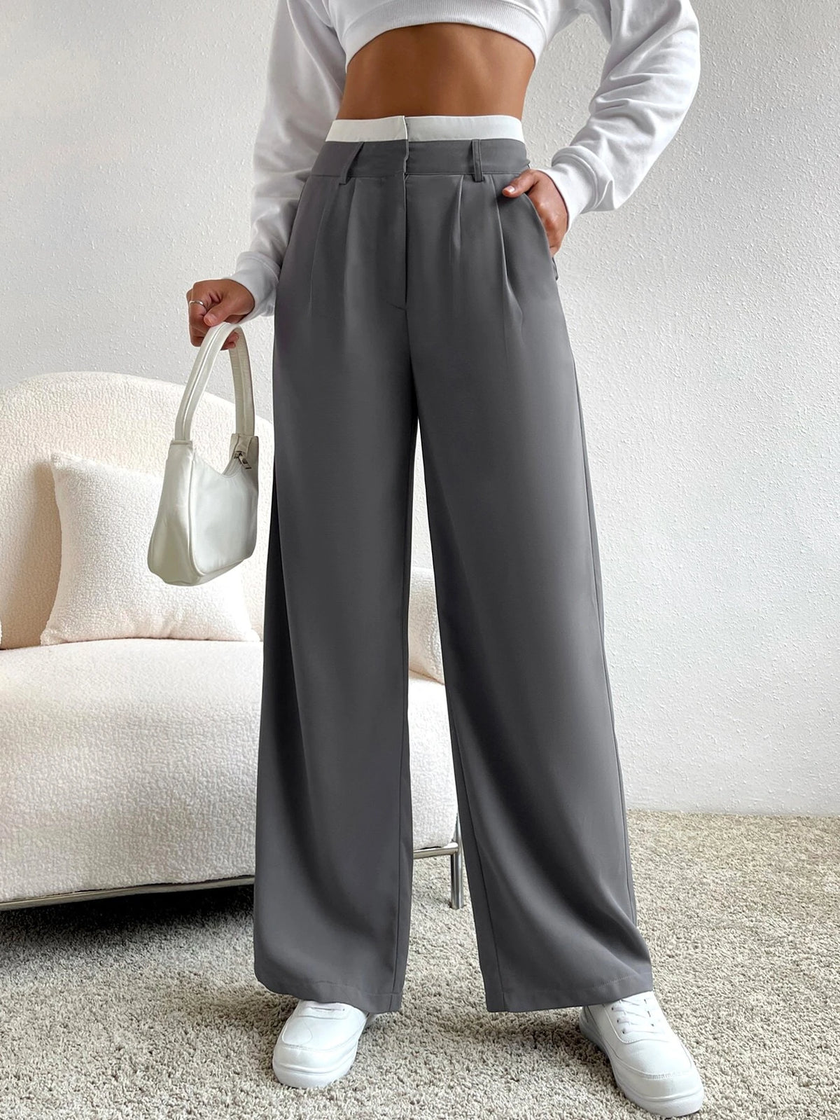 EZwear Spring Dress PantsHigh Waist Plicated Detail Wide Leg Suit Pants