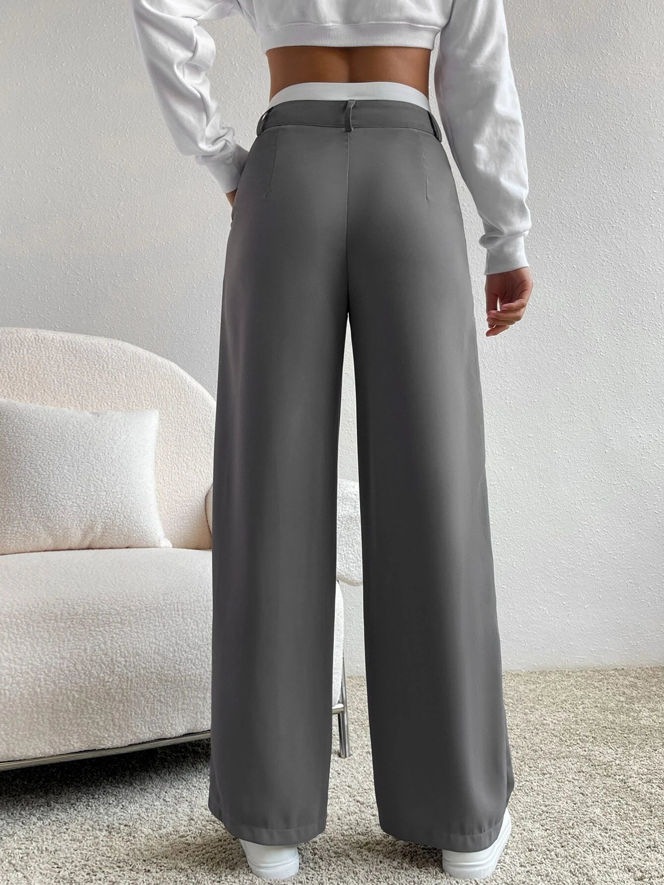 EZwear Spring Dress PantsHigh Waist Plicated Detail Wide Leg Suit Pants