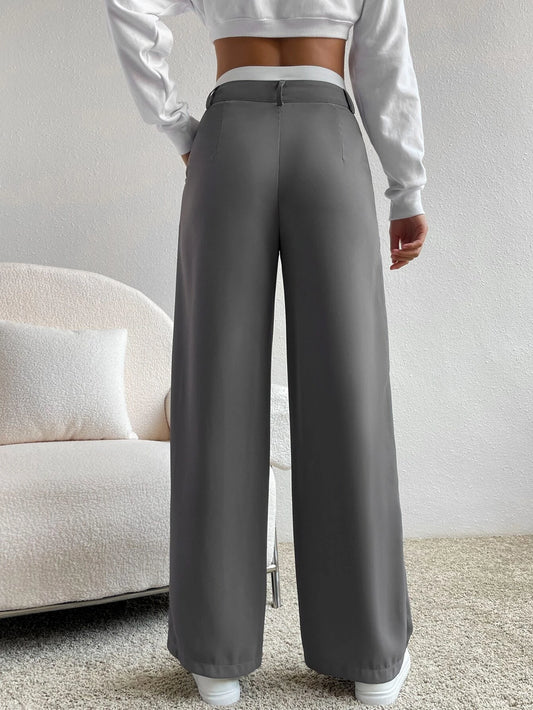 EZwear Spring Dress PantsHigh Waist Plicated Detail Wide Leg Suit Pants