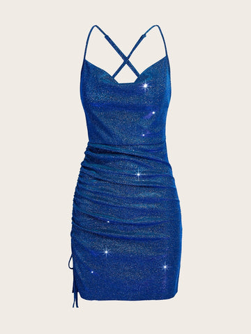 BAE Crisscross Backless Ruched Glitter Bodycon Dress