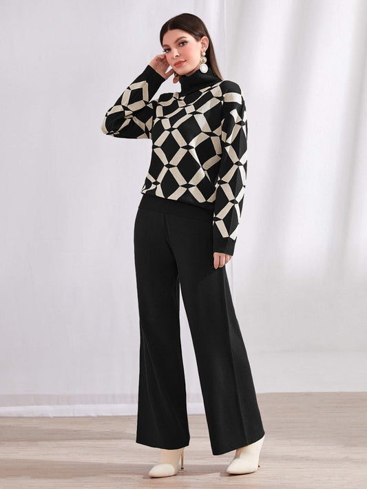 Mulvari Argyle Pattern Funnel Neck Sweater & Knit Pants 2 Piece Set