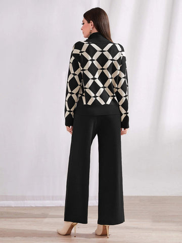 Mulvari Argyle Pattern Funnel Neck Sweater & Knit Pants 2 Piece Set