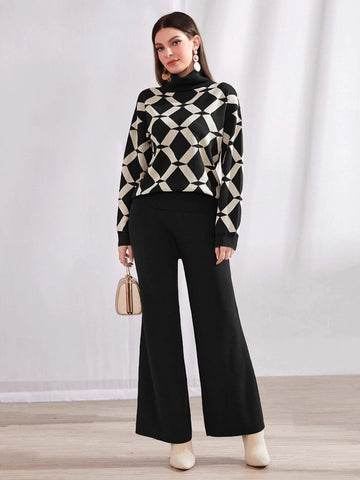 Mulvari Argyle Pattern Funnel Neck Sweater & Knit Pants 2 Piece Set