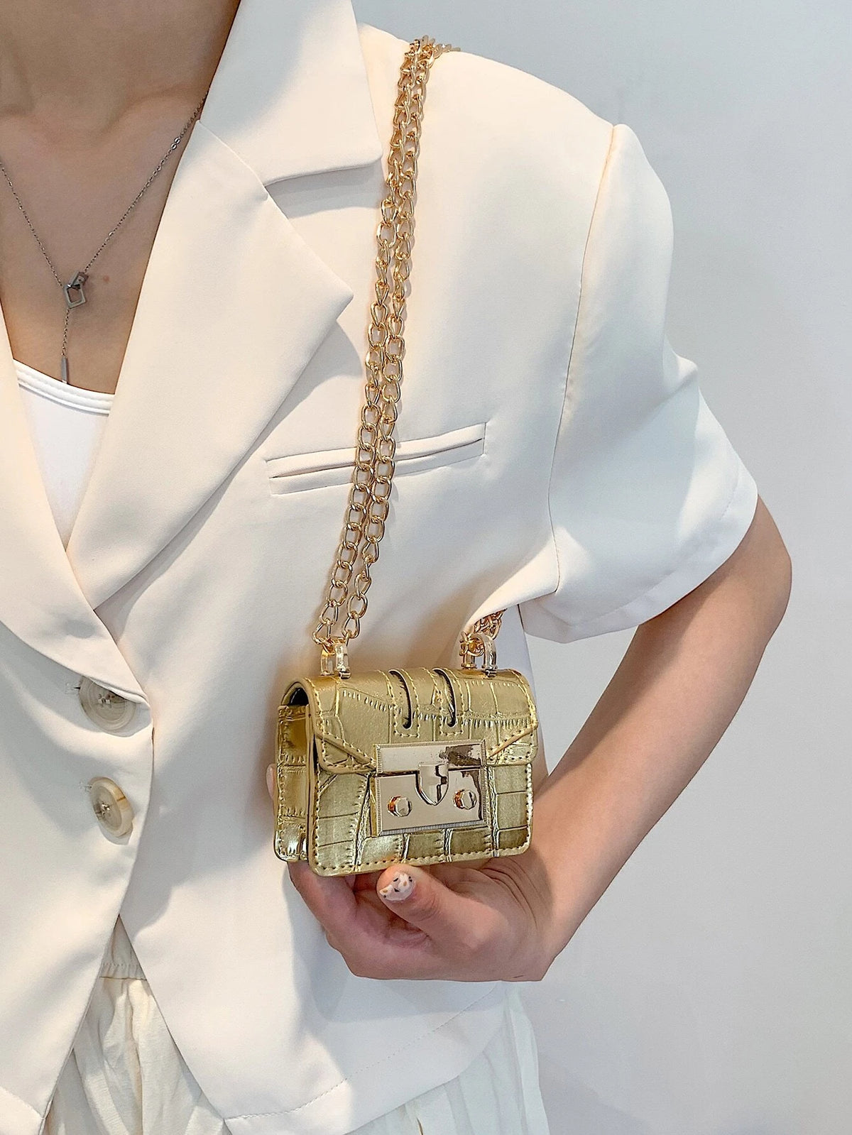 Minimalistic Mini Crocodile-Print Chain Shoulder Bag/Crossbody Bag