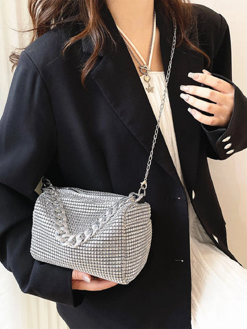 Lightweight, Business Casual Rhinestone Decor Bucket Bag Mini Drawstring Design