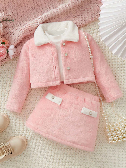 Baby Girl Casual Contrast Collar Jacket And Fluffy Skirt Set