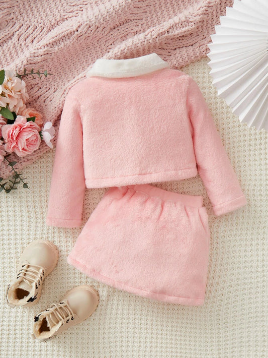 Baby Girl Casual Contrast Collar Jacket And Fluffy Skirt Set