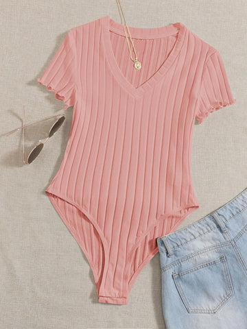 EZwear Solid Ribbed Knit V Neck Bodysuit For Summer