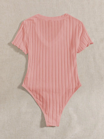 EZwear Solid Ribbed Knit V Neck Bodysuit For Summer