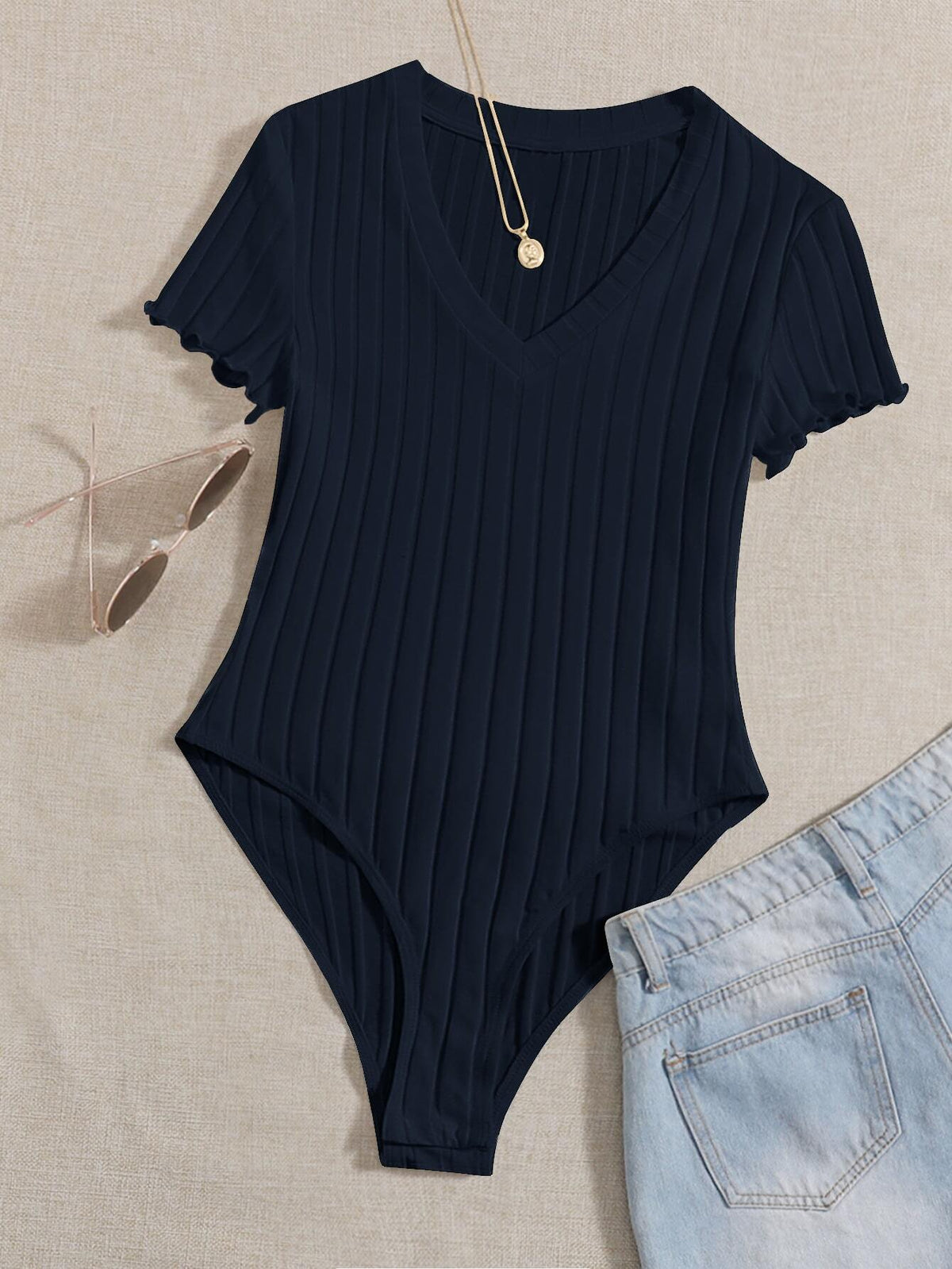 EZwear Solid Ribbed Knit V Neck Bodysuit For Summer