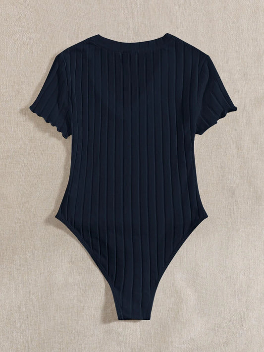 EZwear Solid Ribbed Knit V Neck Bodysuit For Summer