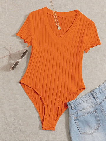 EZwear Solid Ribbed Knit V Neck Bodysuit For Summer