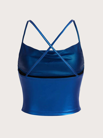 ICON Draped Front Crisscross Backless PU Leather Cami Going Out Tops