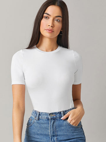 BASICS Women's Solid Color Round Neck Short Sleeve Slim Fit Bodysuit