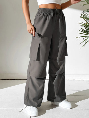 PETITE Elastic Waist Flap Pocket Side Cargo Pants