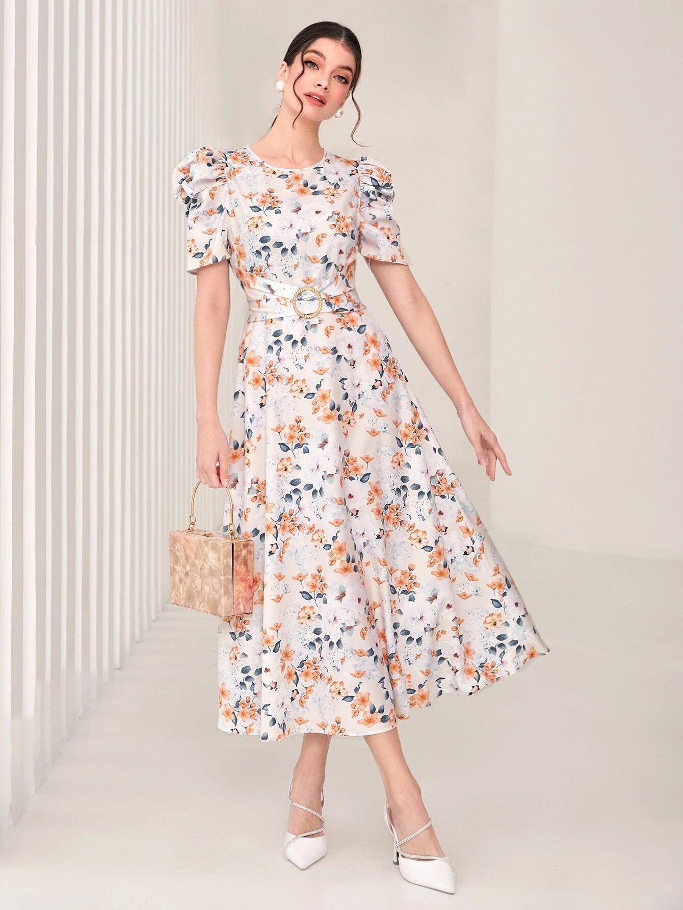 Modely Allover Floral Print Puff Sleeve Belted Dress