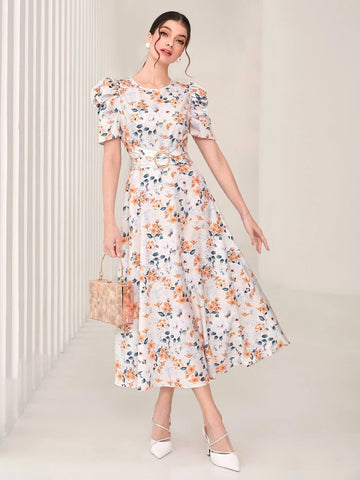 Modely Allover Floral Print Puff Sleeve Belted Dress