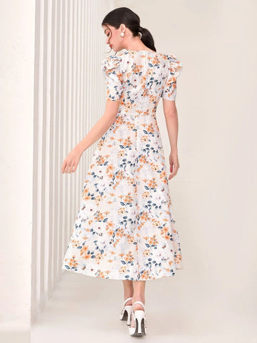 Modely Allover Floral Print Puff Sleeve Belted Dress