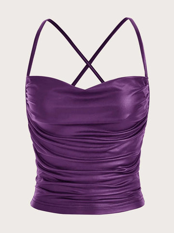 ICON Draped Front Crisscross Backless PU Leather Cami Going Out Tops