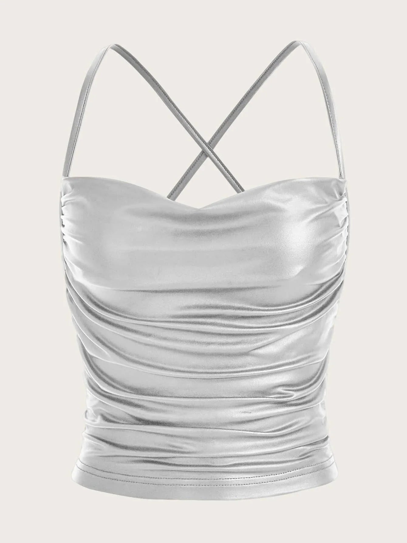 ICON Draped Front Crisscross Backless PU Leather Cami Going Out Tops