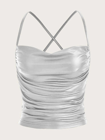 ICON Draped Front Crisscross Backless PU Leather Cami Going Out Tops