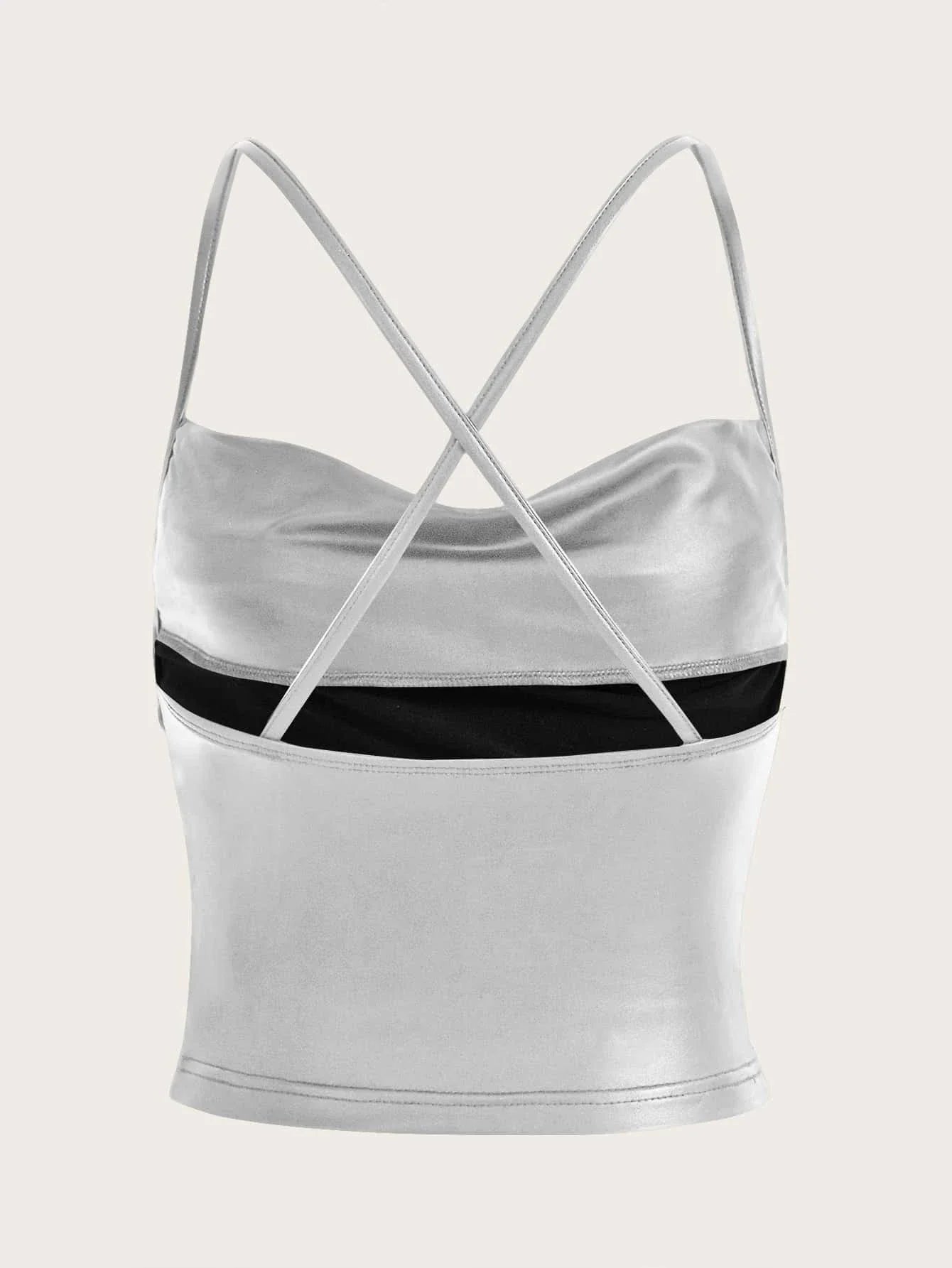 ICON Draped Front Crisscross Backless PU Leather Cami Going Out Tops