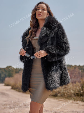 RELISH NOLESS Lapel Neck Slant Pockets Fuzzy Coat