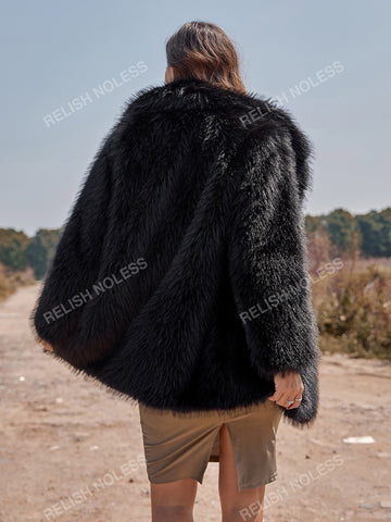 RELISH NOLESS Lapel Neck Slant Pockets Fuzzy Coat