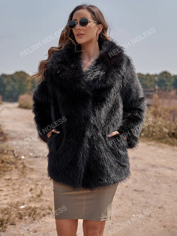 RELISH NOLESS Lapel Neck Slant Pockets Fuzzy Coat