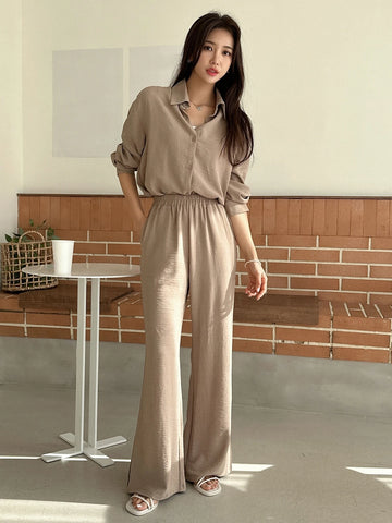 DAZY Solid Button Front Shirt & Flare Leg Pants