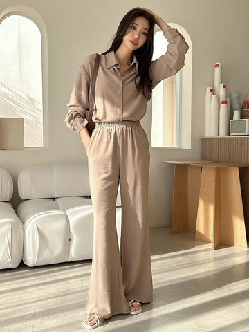 DAZY Solid Button Front Shirt & Flare Leg Pants