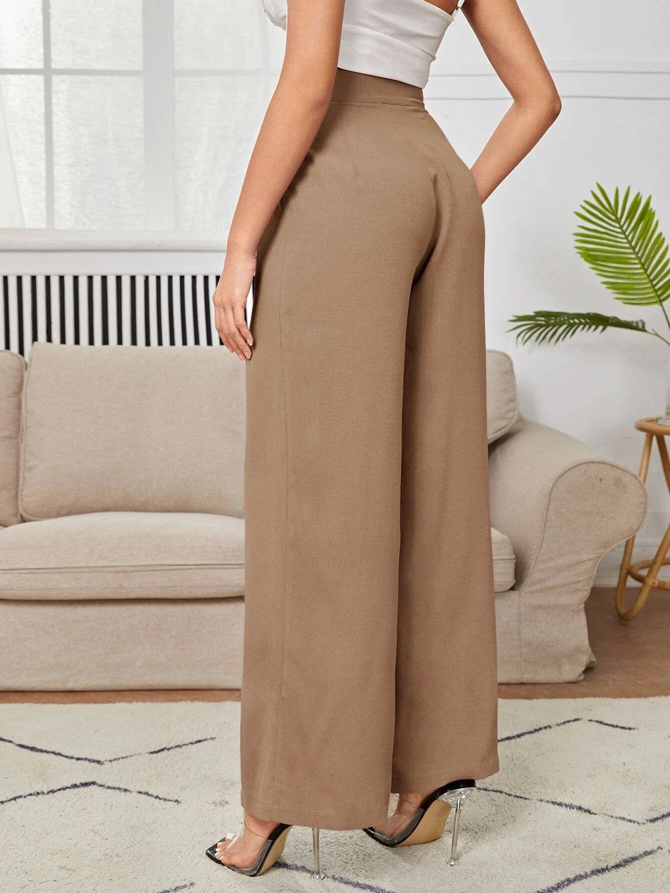 PETITE High Waist Plicated Wide Leg Black Dress Pants