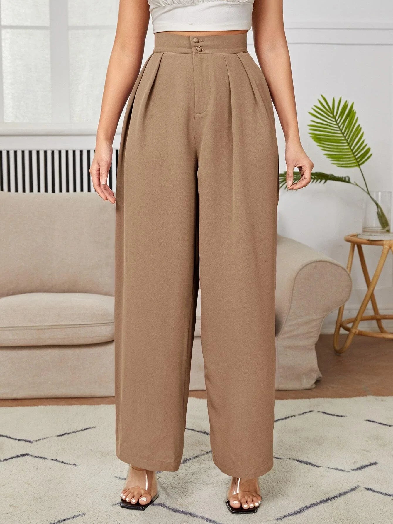 PETITE High Waist Plicated Wide Leg Black Dress Pants