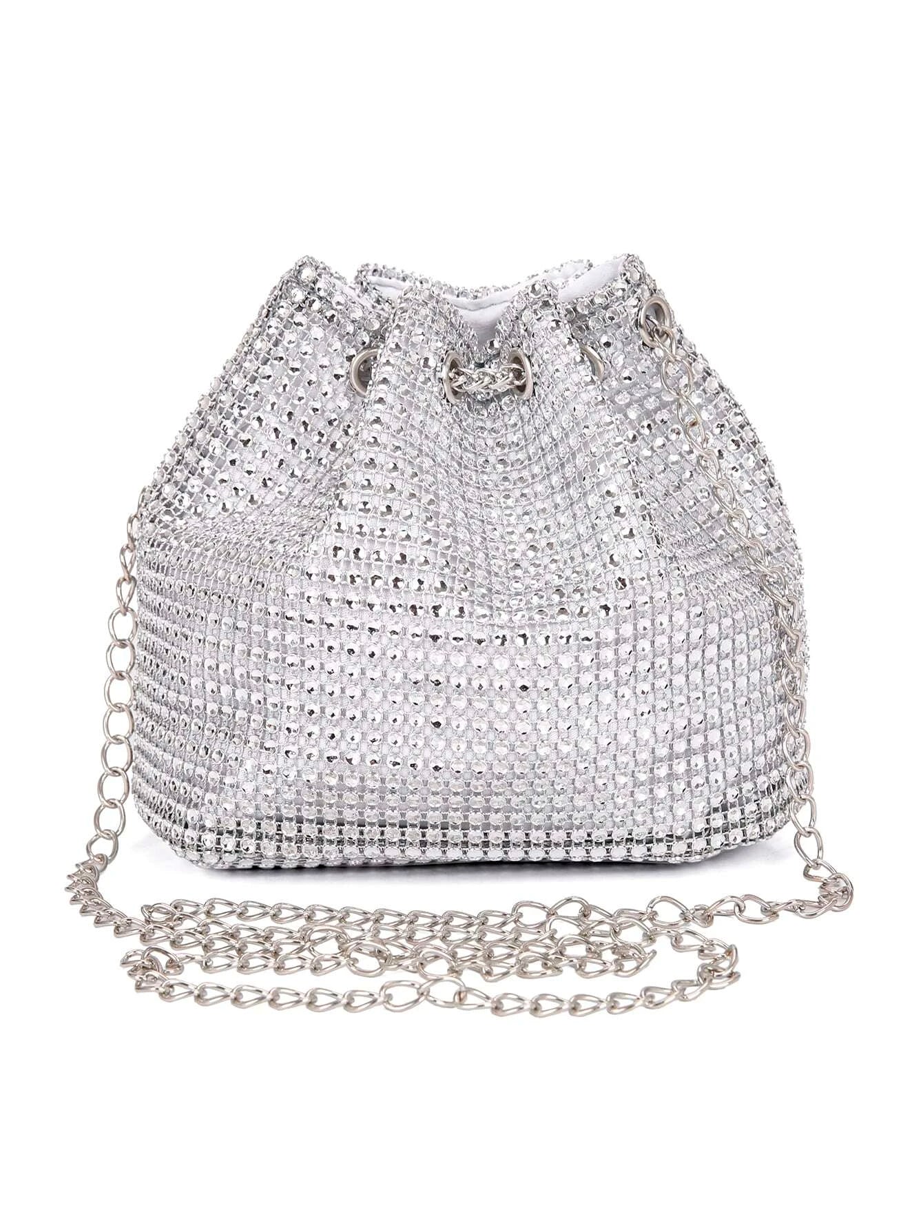 Lightweight,Business Casual Rhinestone Decor Bucket Bag