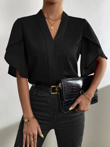 Clasi Solid Petal Sleeve V Neck Blouse