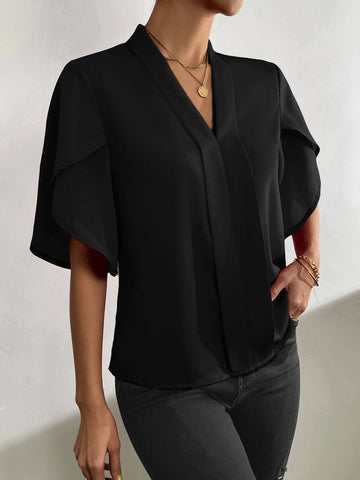 Clasi Solid Petal Sleeve V Neck Blouse