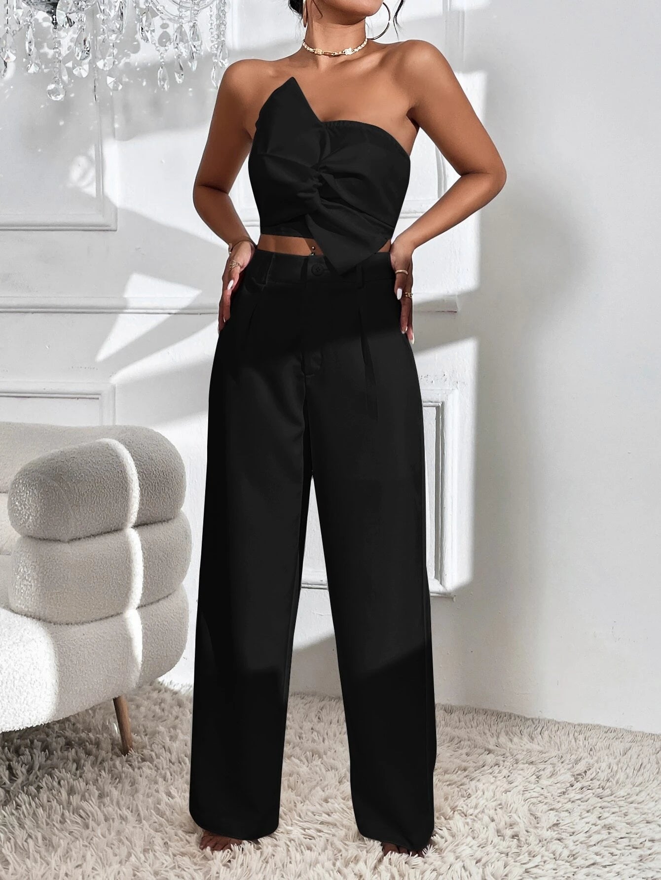 Privé Twist Front Crop Top & Wide Leg Pants