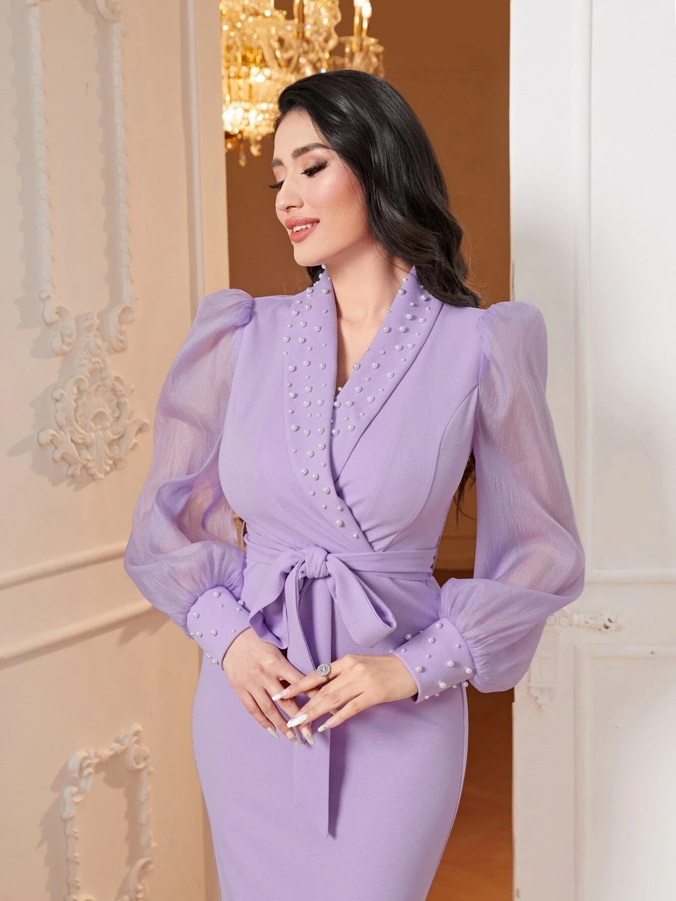 Modely Shawl Collar Lantern Sleeve Pearl Beaded Belted Dress Long Evening Dresses