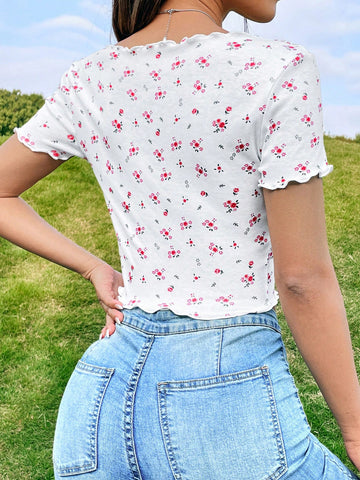 EZwear Ditsy Floral Print Button Front Tee