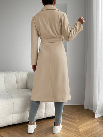 EZwear Apricot Lapel Neck Dual Pocket Belted Overcoat