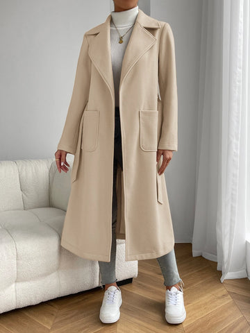 EZwear Apricot Lapel Neck Dual Pocket Belted Overcoat