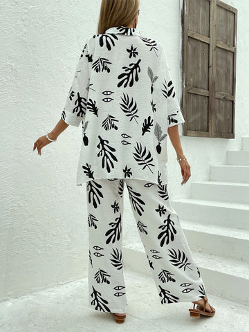 Plants Print Shirt & Wide Leg Pants