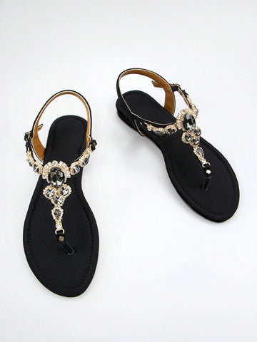 Women Rhinestone Decor Ankle Strap Thong Sandals