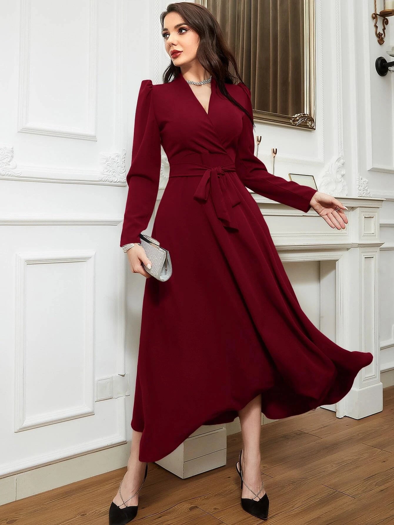 Modely Puff Sleeve Surplice Neck Belted Modest Long Sleeve Dress