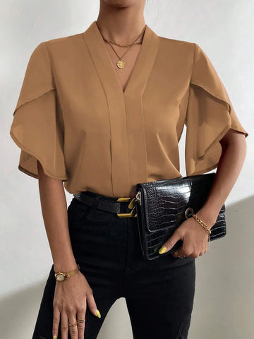 Clasi Solid Petal Sleeve V Neck Blouse