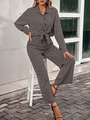 Privé Argyle Print Drop Shoulder Blouse & Wide Leg Pants