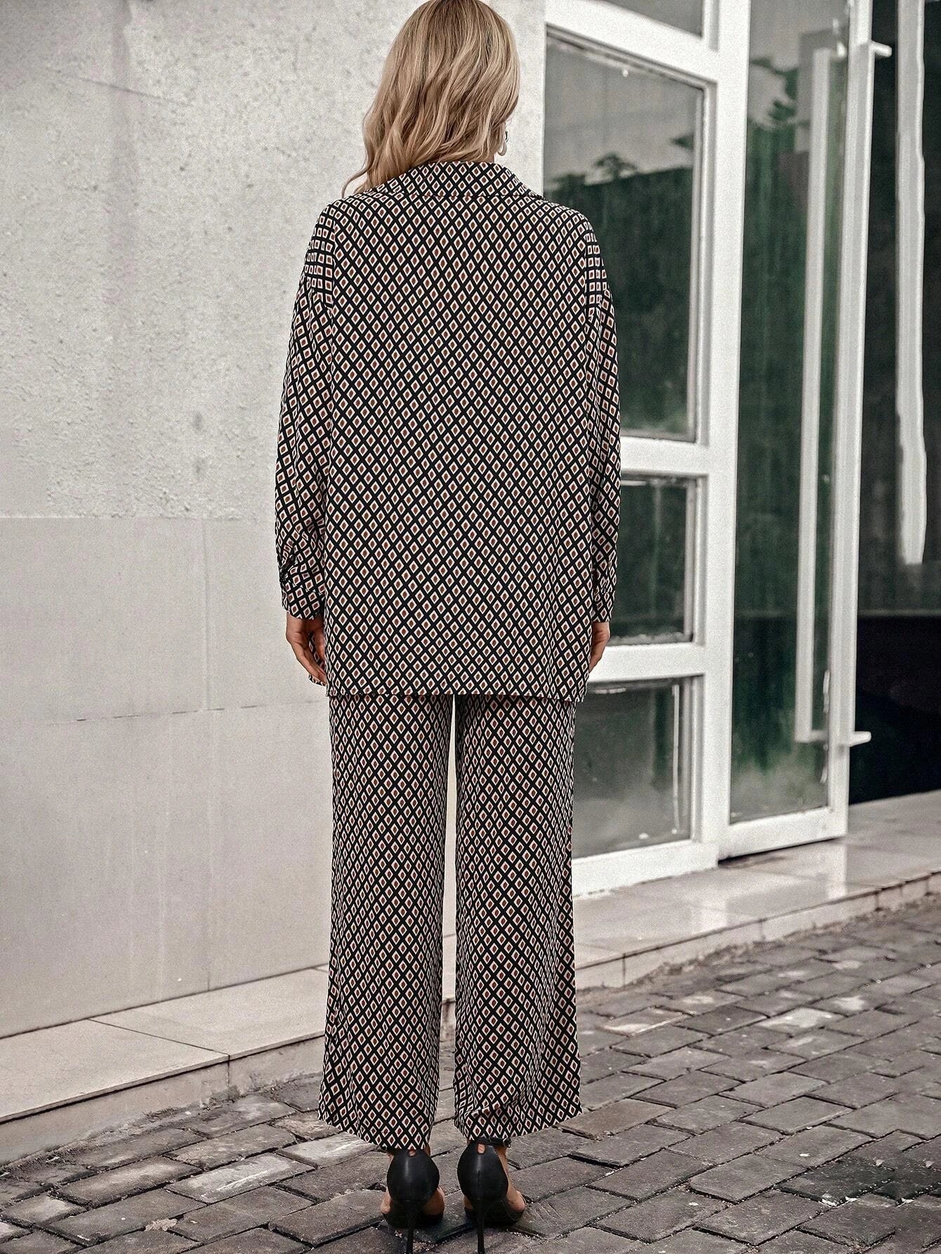 Priv� Argyle Print Drop Shoulder Blouse & Wide Leg Pants