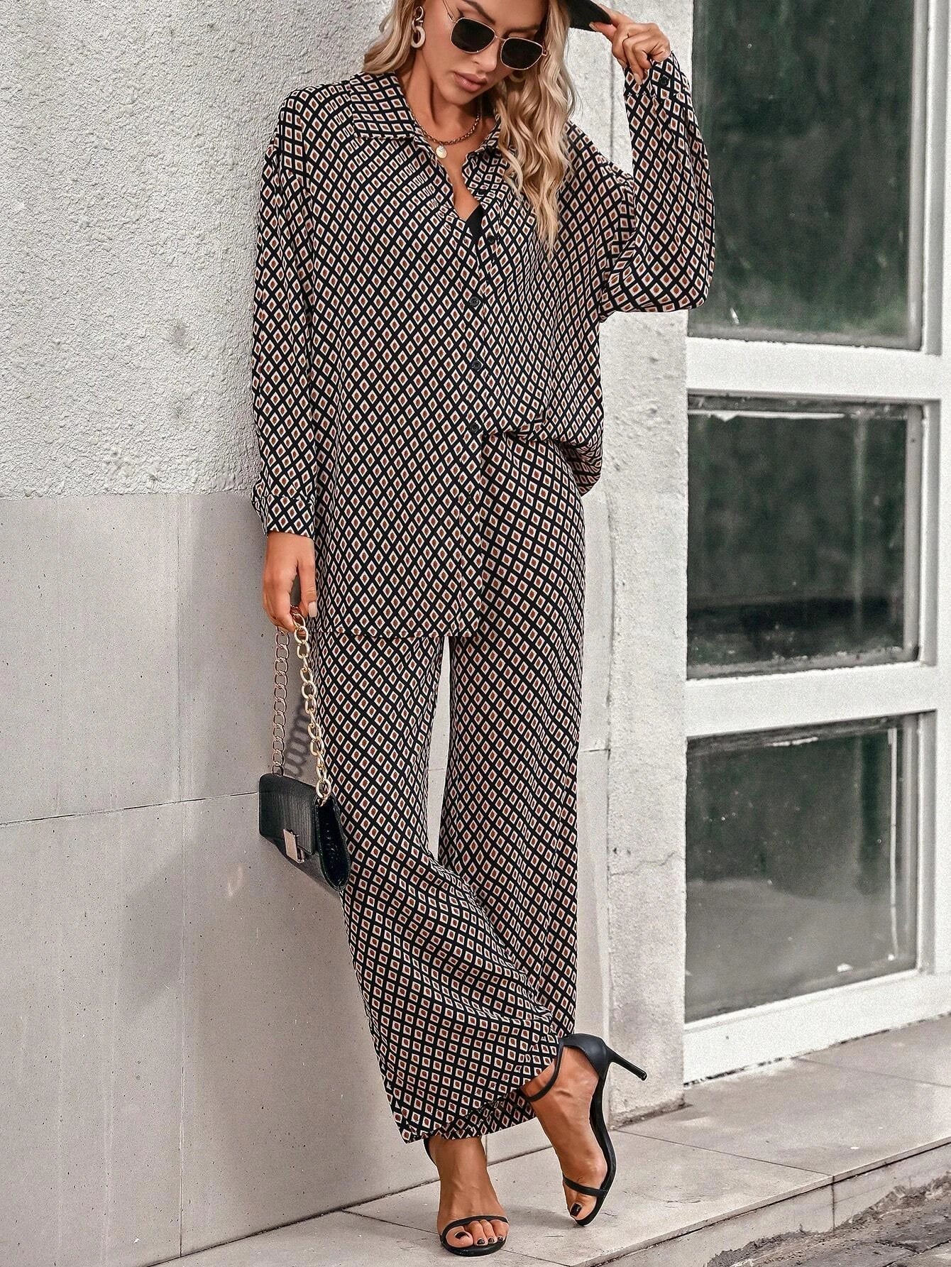 Privé Argyle Print Drop Shoulder Blouse & Wide Leg Pants