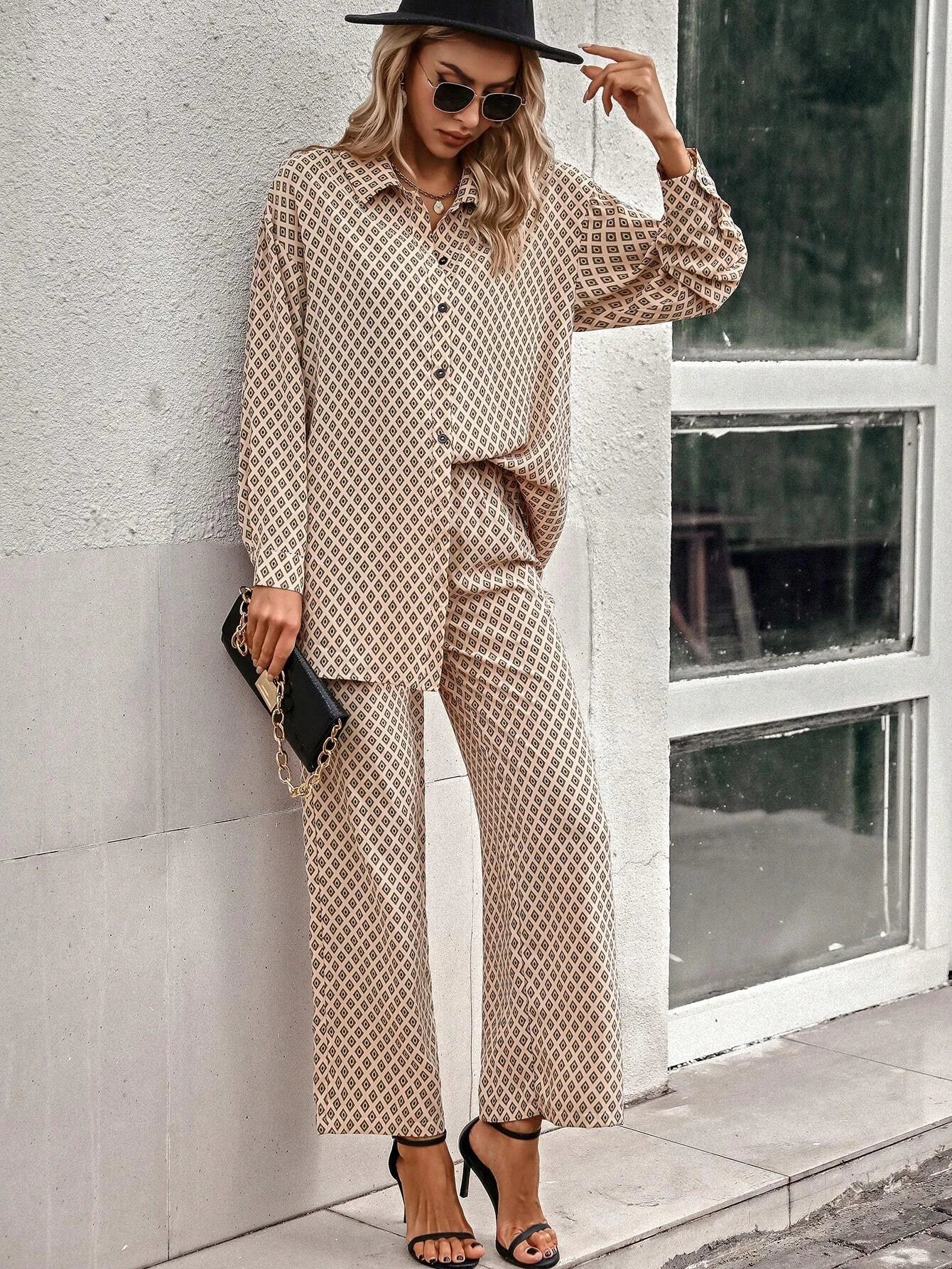 Priv� Argyle Print Drop Shoulder Blouse & Wide Leg Pants