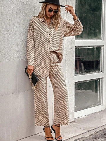 Priv� Argyle Print Drop Shoulder Blouse & Wide Leg Pants